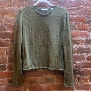 DOEN FOREST GREEN ALPACA COTTON POINTELLE SWEATER WITH SCALLOP HEM SIZE XL